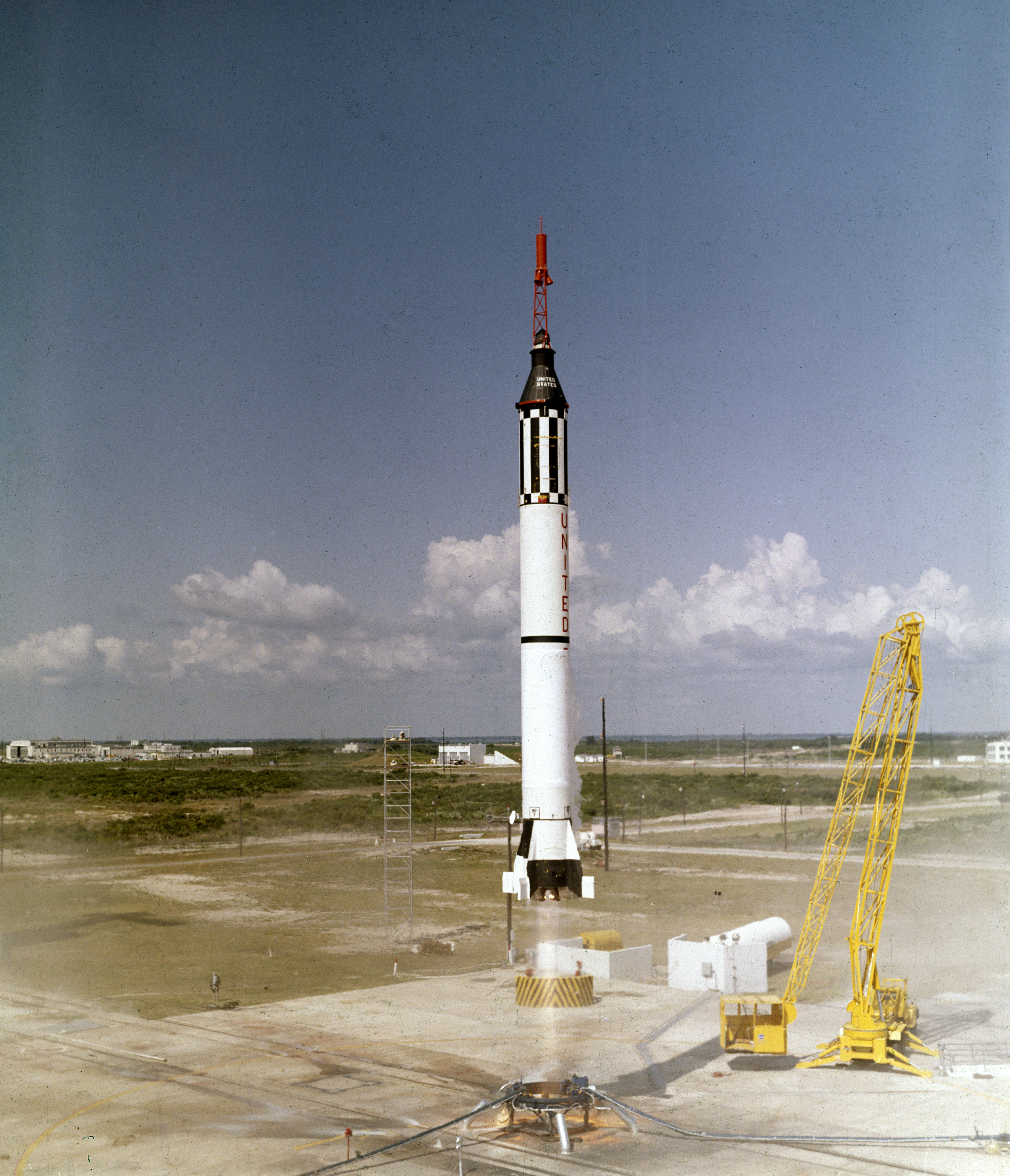 Astronaut Alan B. Shepard, Jr. lifts off in the Freedom 7 Mercury spacecraft on May 5, 1961. This third flight of the Mercury-Redstone (MR-3) vehicle, developed by Dr. Wernher von Braun and the rocket team in Huntsille, Alabama, was the first marned space mission for the United States. During the 15-minute suborbital flight, Shepard reached an altitude of 115 miles and traveled 302 miles downrange.